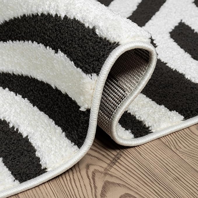 Abani Nomad Cream & Black Area Rug 4' x 6' for Living Room, Bedroom - Black Linear Curves Design - Durable & Easy to Clean