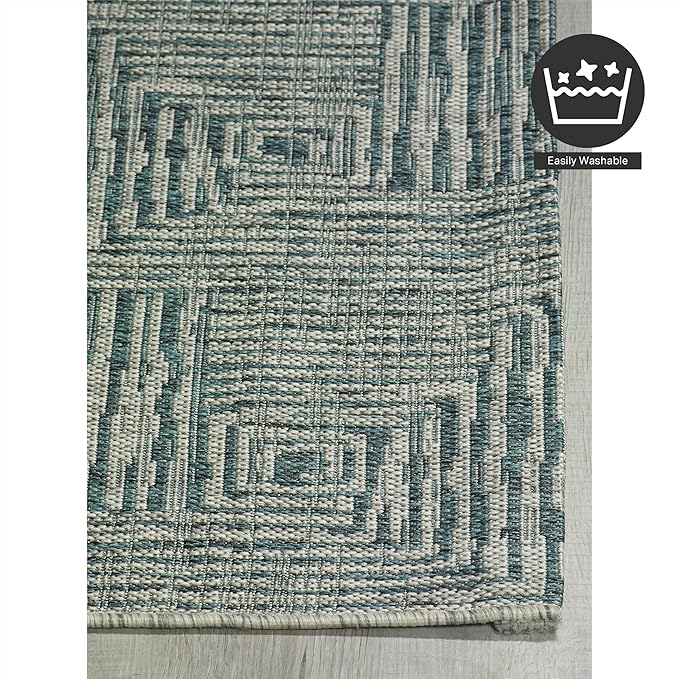 FH Home Outdoor Rug - Waterproof Easy to Clean Stain Resistant - Patio Indoor Outdoor Porch Deck Balcony Entryway - Geometric Modern - Budapest - Aqua - 5ft 2in x 7ft 6in
