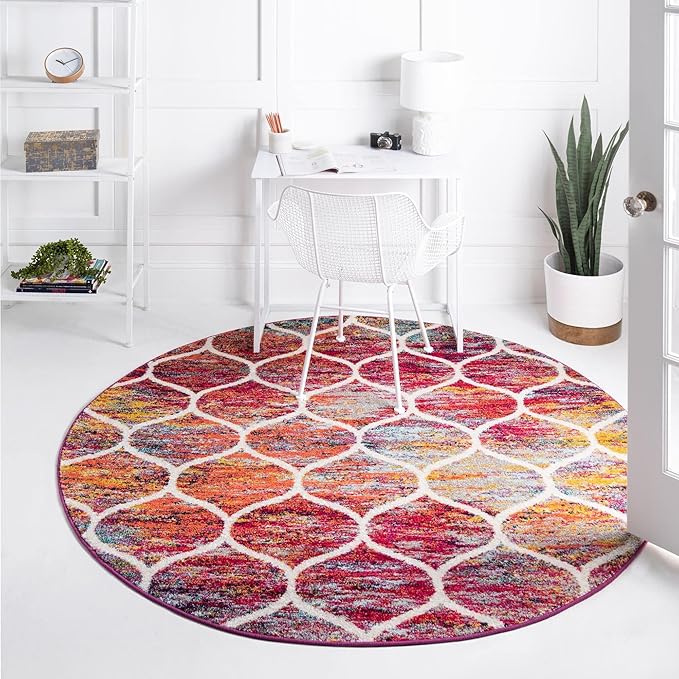 Rugs.com Lattice Frieze Collection Rug – 8' Round Multi Medium Rug Perfect for Kitchens, Dining Rooms