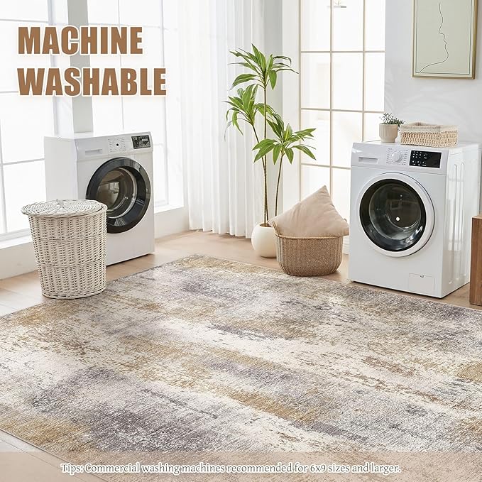 Area Rug Living Room Rugs - 10x12 Washable Large Soft Indoor Neutral Modern Abstract Low Pile Rug Carpet for Bedroom Dining Room Farmhouse Home Office - Brown Grey