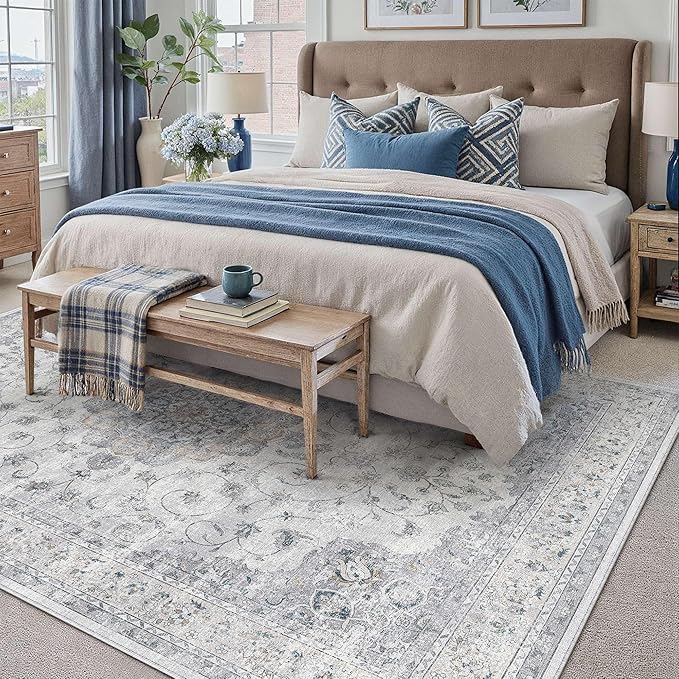 HUGEAR Machine Washable Area Rugs 5x7 Vintage Blue Living Room Bedroom Rug Neutral Style Non Slip Stain Resistant Low Pile Throw Carpet for Home Retro Aesthetic Modern Decor