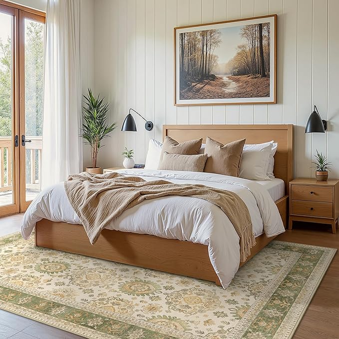 5x7 Area Rug Machine Washable Boho Rug for Living Room,Ultra-Thin Low Pile Carpet,Lightweight Indoor Printed Rug,Non Slip Floral Area Rug for Bedroom, Dining Room, Home Office,Green