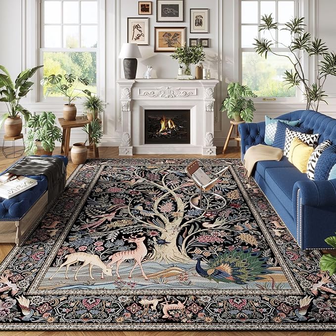 Rugcomf Area Rug 6x9 Vibrant Tree of Life-Patterned Vintage Washable Rug Non Slip Low Pile Large Rug for Living Room Bedroom Farmhouse Dining Room Kids Playroom, Black