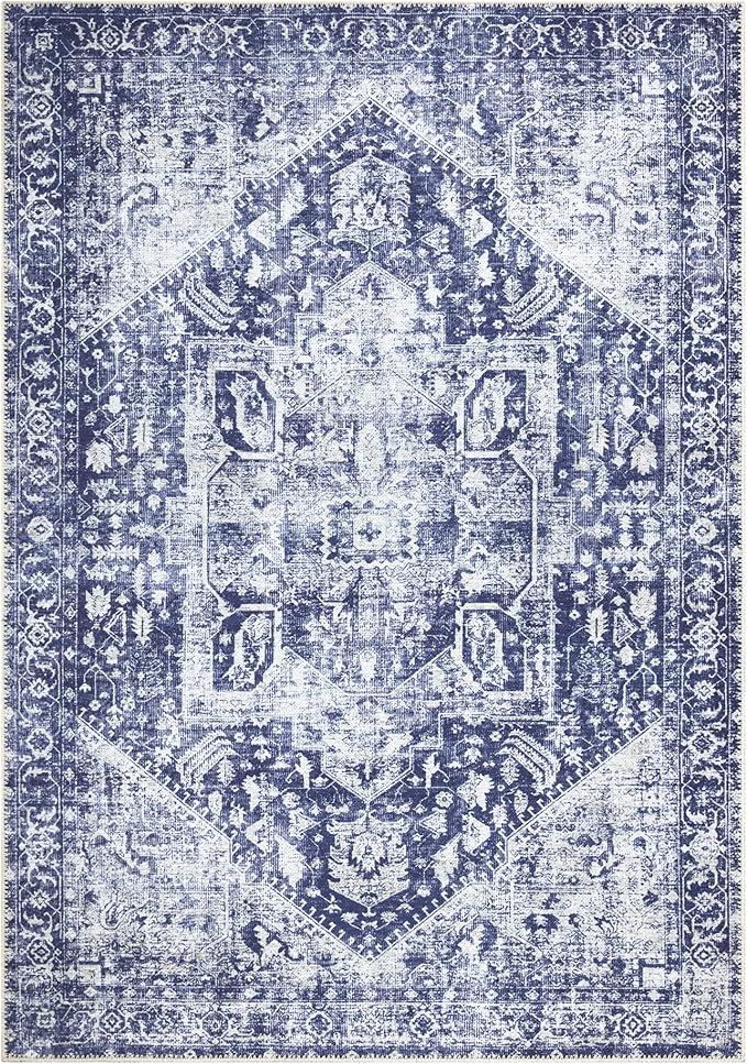 Bloom Rugs Washable Non-Slip 9' x 12' Rug - Blue/Ivory Traditional Area Rug for Living Room, Bedroom, Dining Room, and Kitchen - Exact Size: 9' x 12'