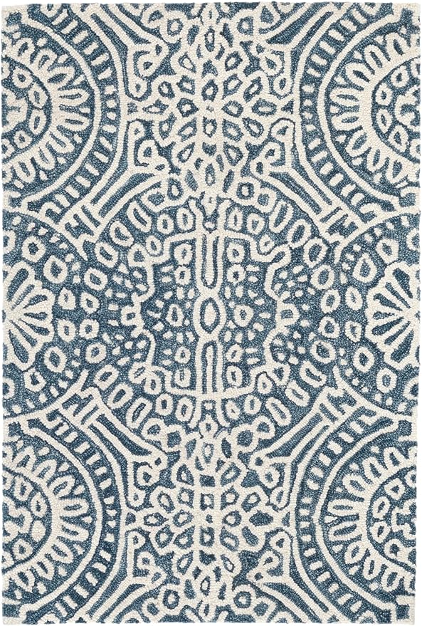 Dash & Albert Temple Ink Hand Micro Hooked Wool Rug, 2.5 X 8 Feet, Blue Geometric Pattern