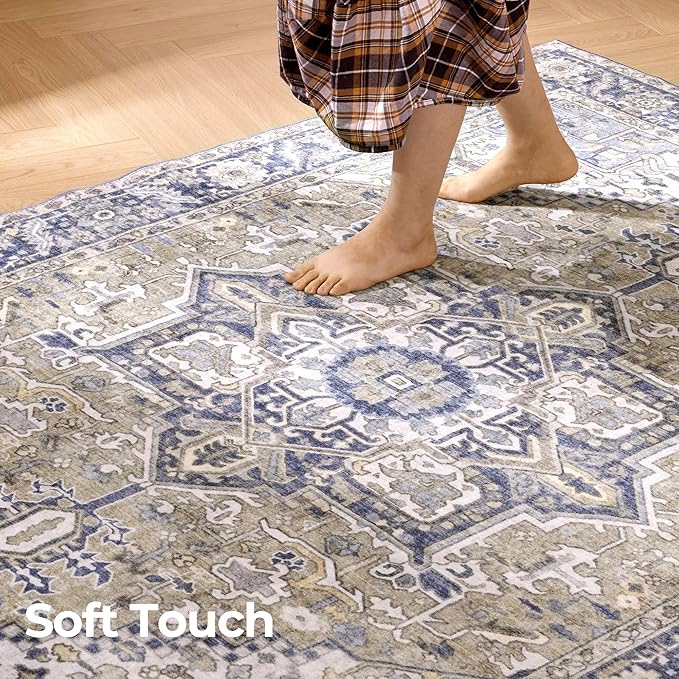 Kokia 8x10 Washable Area Rugs Blue with Vintage Orient Design, Soft Rug for Living Room or Bedroom, Non-Slip Low Pile Stain Resistance Features, Distressed Medallion Pattern