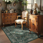 3x5 Floral Washable Area Rug for Living Room, Vintage Boho Rugs for Bedroom Dining Room, Botanical Birds Non Slip Low Pile Forest Throw Carpet for Farmhouse Office, Retro Green/Blue