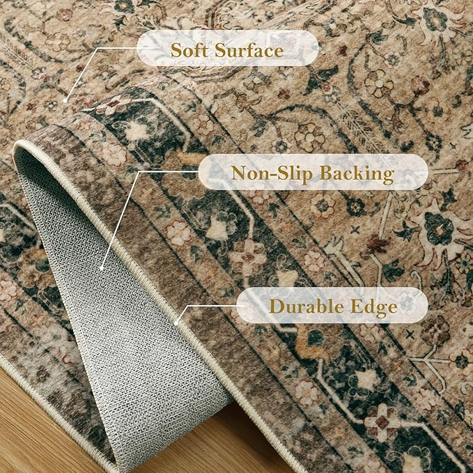 Moynesa Brown 8x10 Area Rugs for Living Room, Vintage Boho Washable Area Rug for Bedroom Dining Room Office, Low Pile Soft Non-Slip Retro Carpets for Kitchen Indoor Nursery