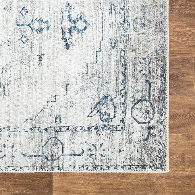 Bloom Rugs Washable Non-Slip 6' x 9' Rug - Teal/Beige Traditional Area Rug for Living Room, Bedroom, Dining Room, and Kitchen - Exact Size: 6' x 9'