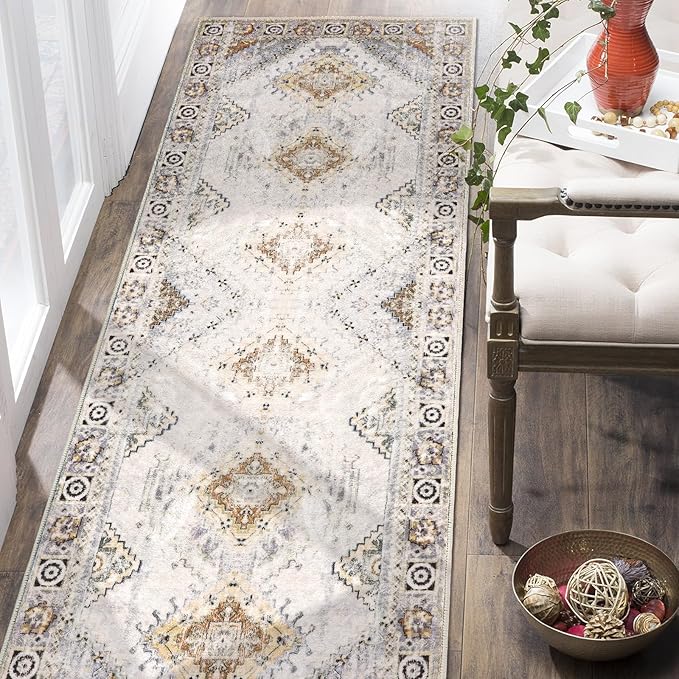 COMSLE Boho Runner Rug, 2x6 Washable Rugs for Hallway Faux Wool Small Throw Rug Distressed Kitchen Area Rug Non-Slip Laundry Room Rug Carpet Runner for Entryway Indoor Bedroom (Khaki)