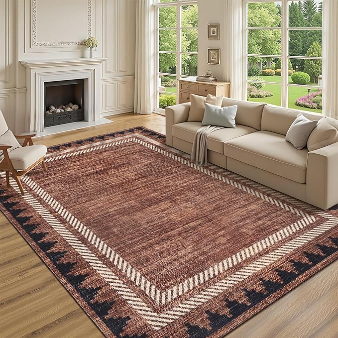 Geometric Bordered 5x7 Washable Low Pile Area Rugs for Bedroom Living Room Playroom Modern Non Slip Foldable Soft Indoor Carpet Stain Resistant Non-Shedding Dining Room Farmhouse Rug, Brick Red