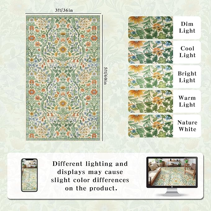 3x5 Grass Green Boho Floral Vintage Area Rug,Soft Lightweight Low Pile Non-Shedding Carpet,Machine Washable Stain Resistant & Non-Slip for Entryway,Bedroom, Kids Room,Living Room