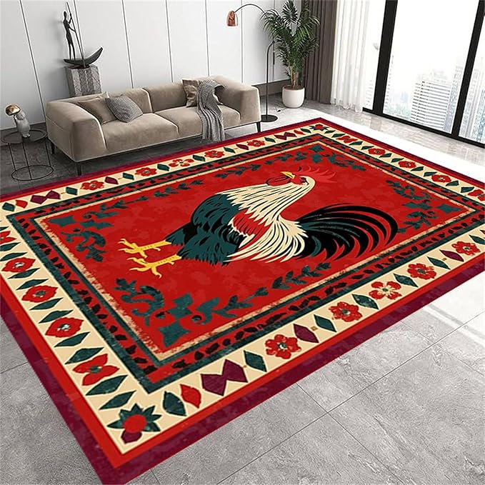 Vintage Rooster Area Rug,5x6ft,Beautiful Floral Border Country Style Rooster Rug，Colorful Retro Home Decoration Rugs，Washable Carpet for Living Room Bedroom Kitchen Farmhouse Office