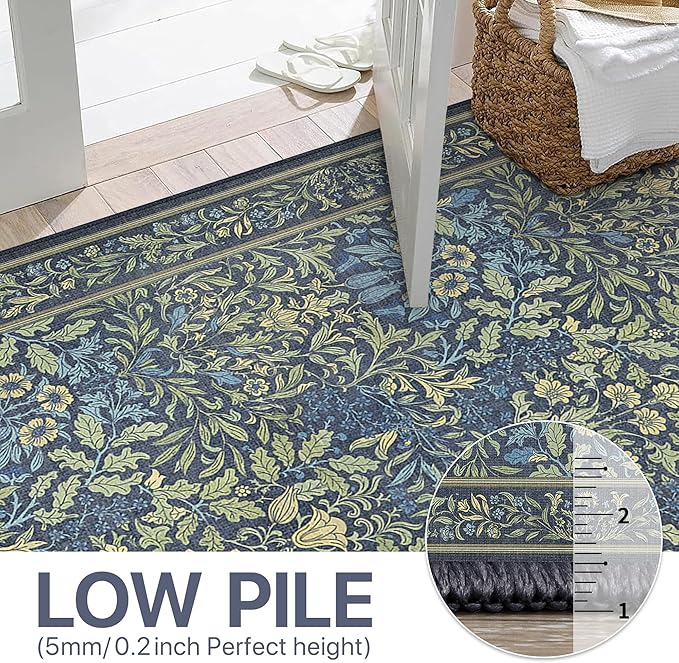Bavni Floral Dark Blue Area Rugs 6x9, Vintage Boho Carpet Machine Washable, Non Slip Soft Low Pile Thin Rug for Bedroom, Living Room, Dining Room, Nursery