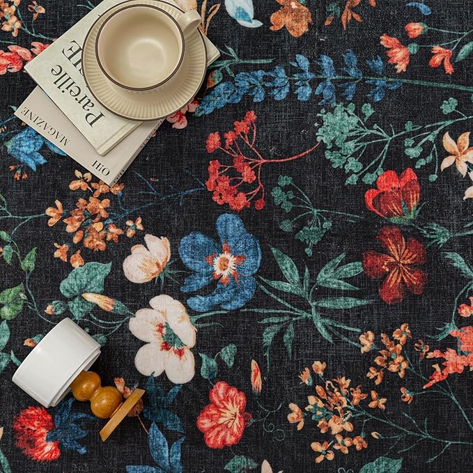 Black Area Rug 4x6 Office Floral Indoor Door Mat Washable Boho Kitchen Living Room Carpet Non Slip Bedroom Low Pile Lightweight Throw Rug for Dining Room Farmhouse