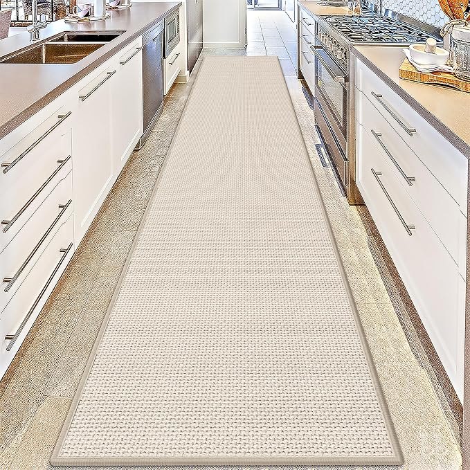 GOYLSER 12 Foot Kitchen Floor Runner Kitchen Sink Floor Mat with Rubber Backed, Absorbent Laundry Room Mat, Beige Hall Runner Long Non Slip