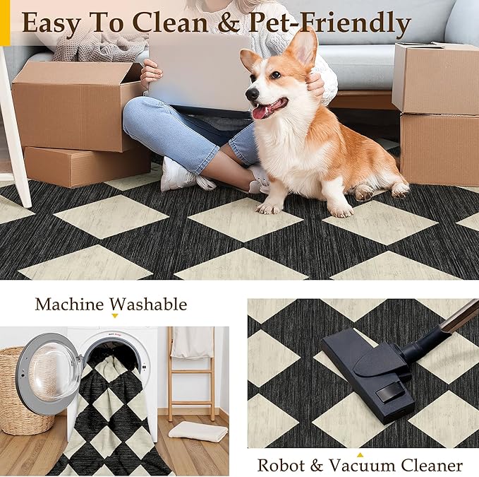 3x5 Checkered Area Rugs for Living Room Black Machine Washable Large Rug Non-Slip Stain Resistant Low Pile Boho Accent Indoor Throw Carpet for Office Bedroom Dining Room Classroom