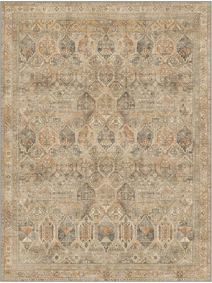 Bavni Washable Rug 9x12 Area Rug for Living Room Bedroom Dining, Washable Vintage Print Carpet, Ultra-Thin Chenille Low Pile Lightweight Rug with Non Slip Backing, Wood