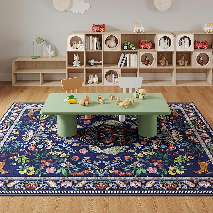 Rugcomf Area Rug 4x6 Rug Washable Rugs Floral Non Slip Low Pile Small Carpet for Bedroom, Bedside, Kids Room, Office, Dining Room(Blue)