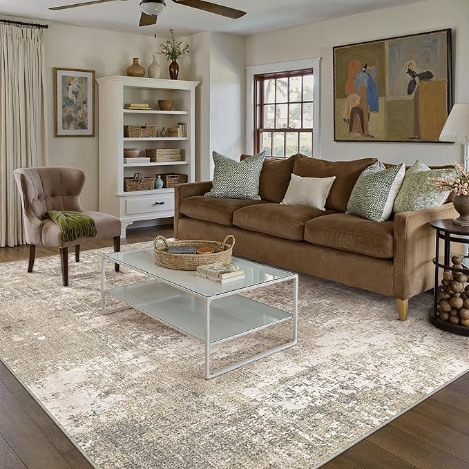 Beige Area Rug 5x7 Machine Washable Modern Abstract Living Room Carpet Non Slip Neutral Low Pile Soft Non Shedding Bedroom Contemporary Indoor Rug for Kitchen Office Laundry Dining Room