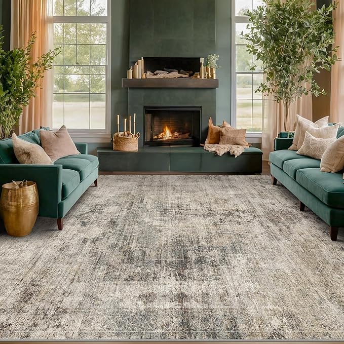 Taupe Brown Big Rugs for Living Room 9x12 - Mordern Farmhouse Rustic Large Rug for Dining Room, Bedroom, Washable Foldable Dark Academy Décor