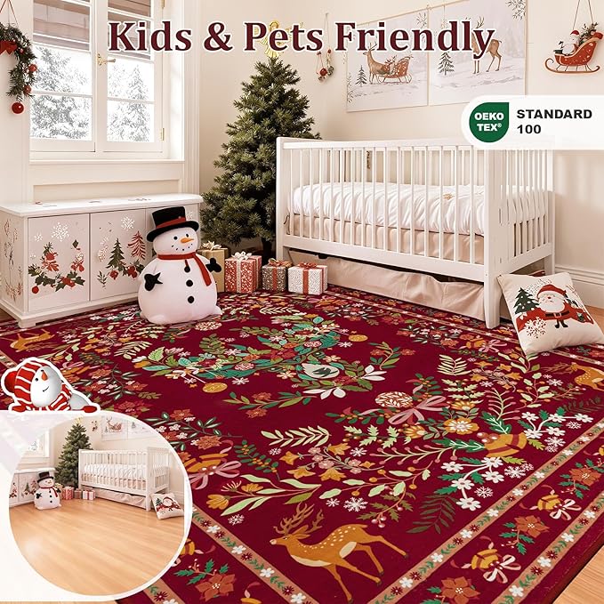 9x12 Area Rugs Living Room Rug: Christmas Washable Rug Floral Soft Carpet Indoor Floor Non-Slip Boho Stain Resistant Large Carpets for Bedroom Kids Nursery Dining Room Farmhouse Home Office Red