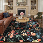 Black Area Rug 6x9 Floral Washable Living Room Kitchen Boho Carpet Non Slip Low Pile Indoor Accent Lightweight Soft Throw Rug for Bedroom Office Dining Room Nursery Farmhouse