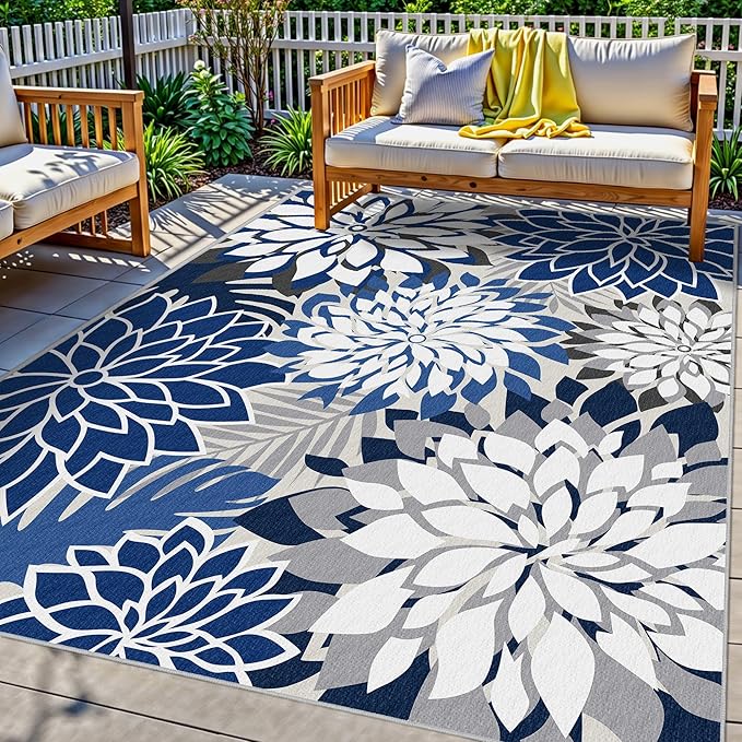 5x8 Outdoor Area Rug Washable Multicolored Patio Rug Tropical Botanical Floral Chenille Waterproof Outdoor Carpet for Living Room, Deck, Backyard, Porch, Black