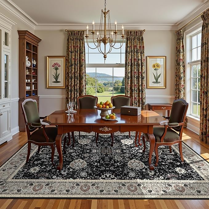 Deerly 6x9 Vintage Rugs for Dining Room, Washable Rugs Non Slip Large Area Rug for Living Room Bedroom Office, Floor Decoration Big Rug Mat Low-Pile Kid & Pet Friendly(Blcak Navy Multi
