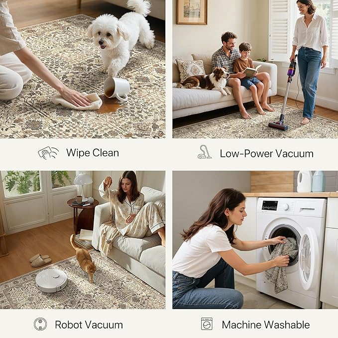 Bavni Area Rugs 5x7, Machine Washable Rugs for Living Room Indoor Non-Slip Carpet Ultra Thin Printed Vintage Rug for Bedroom Dinning Room Nursery Home, Dark Espresso