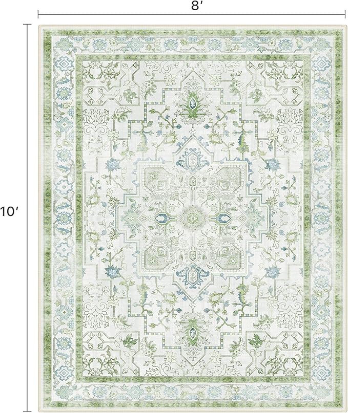 8x10 Area Rugs for Living Room, Machine Washable Non Slip Vintage Rugs, Low Pile Lightweigt Print Indoor Rug for Bedroom, Dining Room, Home Office, Cream Green