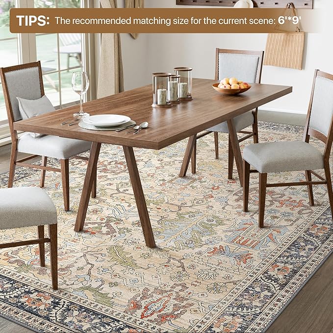 Bavni 5x7 Washable Area Rug Clearance for Living Room Rug Bedroom, Non-Slip, Boho Vintage Rugs Chenille Printed Low Pile for Dinning Room Homeoffice, Ivory/Teal