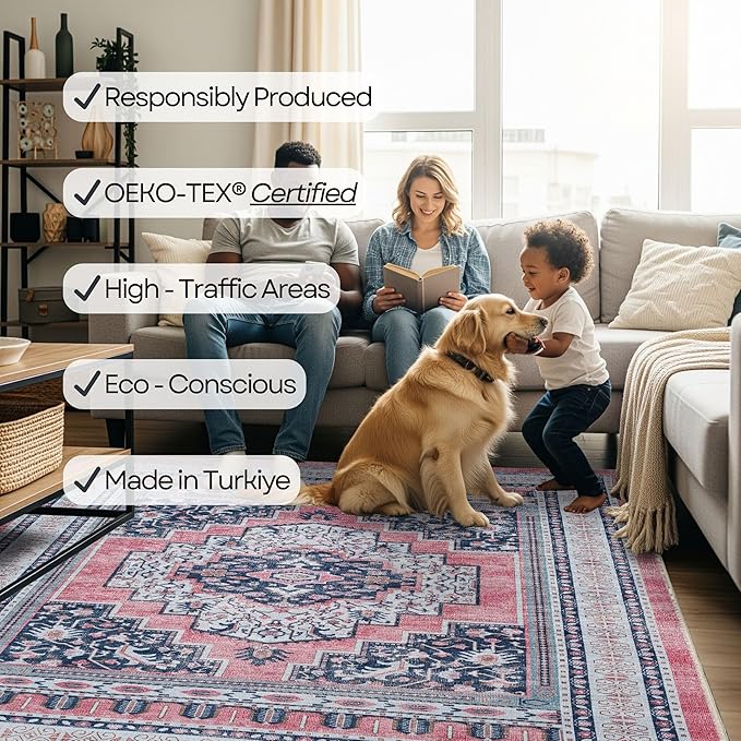 Fame Rugs Turkish Rug. Washable Vintage Oriental Antique Inspired Traditional Doormat Small Modern Area Rugs Luxury Entryway Entry Bedroom Bathroom Kitchen (399TN, 2'5 x 13'1)