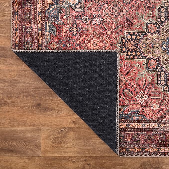 Bloom Rugs Washable Non-Slip 4' x 6' Rug - Red/Teal Blue/Yellow Traditional Medallion Area Rug for Living Room, Bedroom, Dining Room, and Kitchen - Exact Size: 4' x 6'