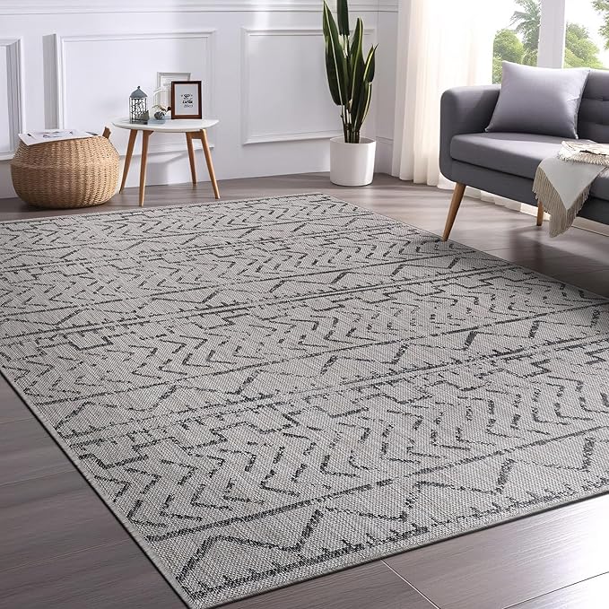 Beverly Rug Waikiki Indoor Outdoor Rug 5x7, Washable Outside Carpet for Patio, Deck, Porch, Trellis Area Rug, Water Resistant, Dark Grey - Light Grey