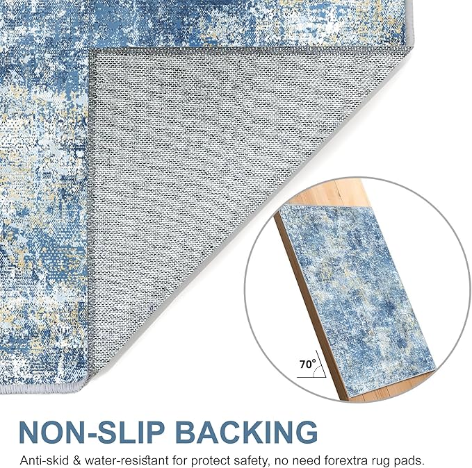 Bavni 8x10 Area Rugs Machine Washable Rug for Living Room, Modern Printed Rug Indoor Soft Area Rug for Bedroom Dining Room, Ultra-Thin Low Pile Carpet with Non Slip Rubber Backing, Denim Blue