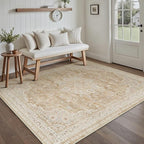 HUGEAR Machine Washable Area Rugs 3x5 Vintage Beige Brown Living Room Rug Neutral Style Non Slip Stain Resistant Low Pile Throw Carpet for Office Home Retro Aesthetic Modern Decor
