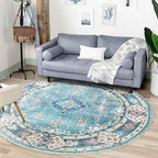 MUJOO Teal Round Rug 6ft,Circle Washable Area Rugs for Bedroom Living Room Bathroom,Boho Large Non Slip Circular Carpet,Floral