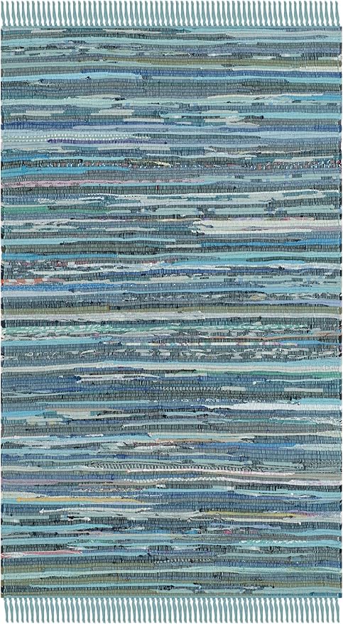 SAFAVIEH Rag Rug Collection Accent Rug - 2'6" x 4', Blue & Multi, Handmade Boho Stripe Cotton, Ideal for High Traffic Areas in Entryway, Living Room, Bedroom (RAR121B)