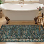 DUKINO 2x4 Rug for Entryway, Lightweight Washable Runner Rug with Non Slip Backing, Vintage Floral Low Pile Small Carpet Runner for Kitchen, Hallway, Entryway, Bathroom, Bedroom, Blue