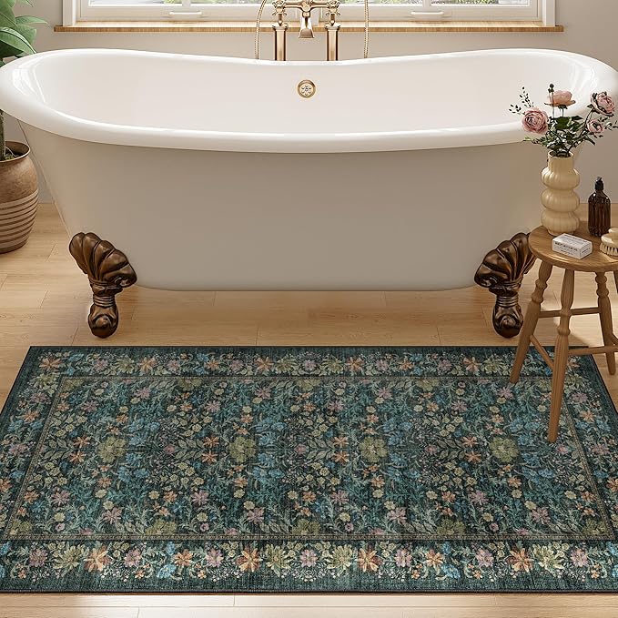 DUKINO 2x4 Rug for Entryway, Lightweight Washable Runner Rug with Non Slip Backing, Vintage Floral Low Pile Small Carpet Runner for Kitchen, Hallway, Entryway, Bathroom, Bedroom, Blue
