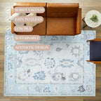 Cream Blue Oushak Rug, Modern Small Rugs, Vintage, Turkish, Eclectic, Floral, Pastel, Washable, Door Mat, Doormat for Indoor Entrance, Entryway, Kitchen, Bathroom, Bedroom, Laundry, 2'x3'