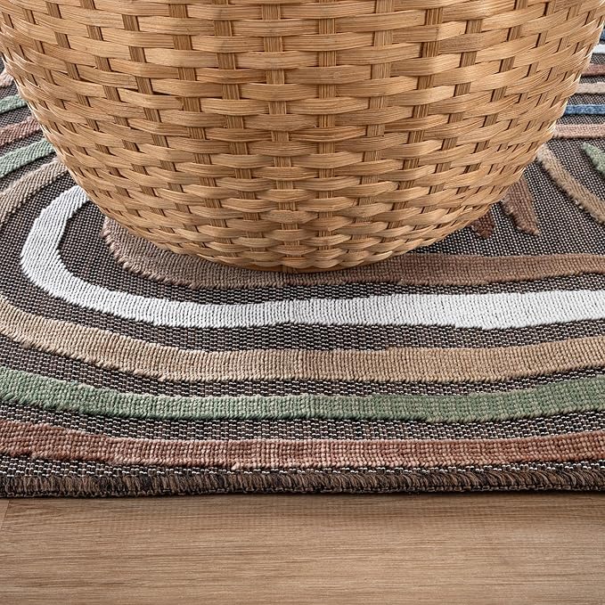 CAMILSON Indoor Outdoor Rug, Brown 6x9 Geometric Arch Striped Area Rugs for Patio and Home Areas, Easy-Cleaning Non-Shedding Living Room, Garden and Deck Washable Outside Carpet (6 x 9)