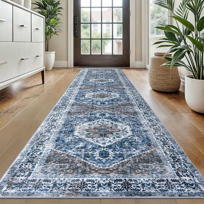 KOZYFLY Long Runners for Hallways 2x10 Ft Washable Kitchen Runner Rug Boho Runner Rug for Entryway Indoor Blue Printed Oriental Faux Wool Stair Runner Floor Carpet Runner for Stair Kitchen Hall