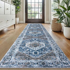 KOZYFLY Long Runners for Hallways 2x10 Ft Washable Kitchen Runner Rug Boho Runner Rug for Entryway Indoor Blue Printed Oriental Faux Wool Stair Runner Floor Carpet Runner for Stair Kitchen Hall