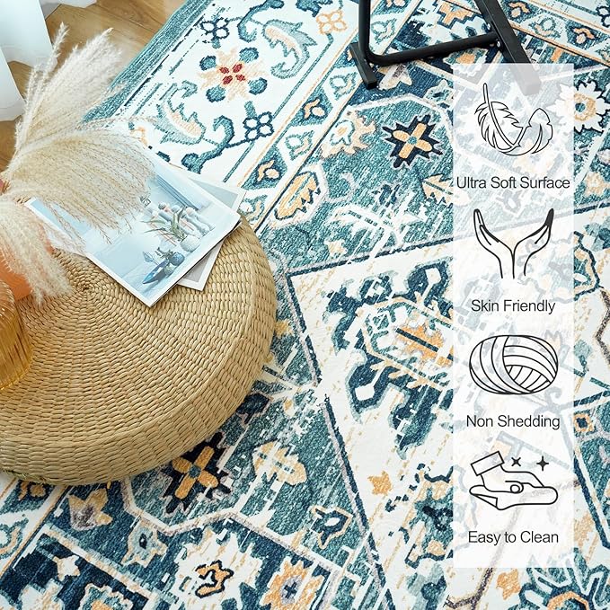 VK VK·LIVING Round Washable Rug 5'Ft Vintage Machine Washable Area Rugs with Non Slip Round Rugs for Living Room Bedroom Traditional Woven Carpet Stain Resistant Dining Office Boho Rug,Green&Beige