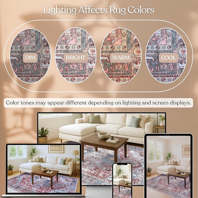 Fame Living Washable Area Rug. Modern Farmhouse. Vintage. Turkish. Bohemian. Distressed. Oriental. Traditional. Rugs for Living Room. Dining. Bedroom. Office. Entryway. Foyer. (858RM, 5' x 6'9")