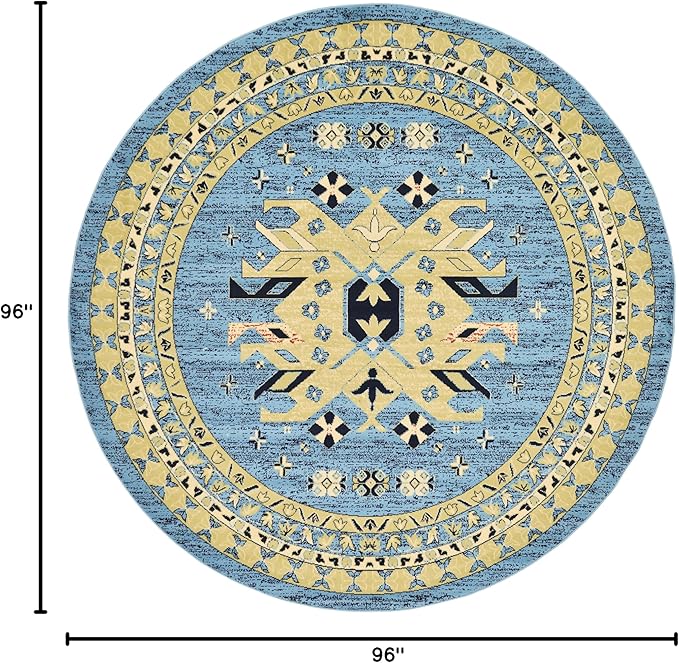 Unique Loom Taftan Collection Border Geometric Tribal Inspired Design Area Rug (8' 0 x 8' 0 Round, Light Blue/ Gold)