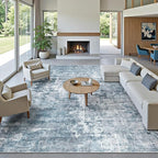 10x14 Area Rugs for Living Room, Non Slip Machine Washable Vintage Rugs, Low Pile Lightweight Large Rug for Bedroom, Dining Room, Home Office Blue