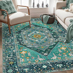 SERISSA 4x6 Boho Bedroom Rug, Washable Non Slip Vintage Teal Area Rugs, Ultra Soft Print Distressed Tribal Entry Rug Low-Pile Throw Carpet for Nursery Dorm Kitchen Living Room Decor
